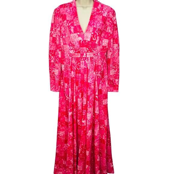 Vintage 70s Handmade Maxi Dress Long Sleeve Pink Patchwork V-Neck Size S - Picture 1 of 8
